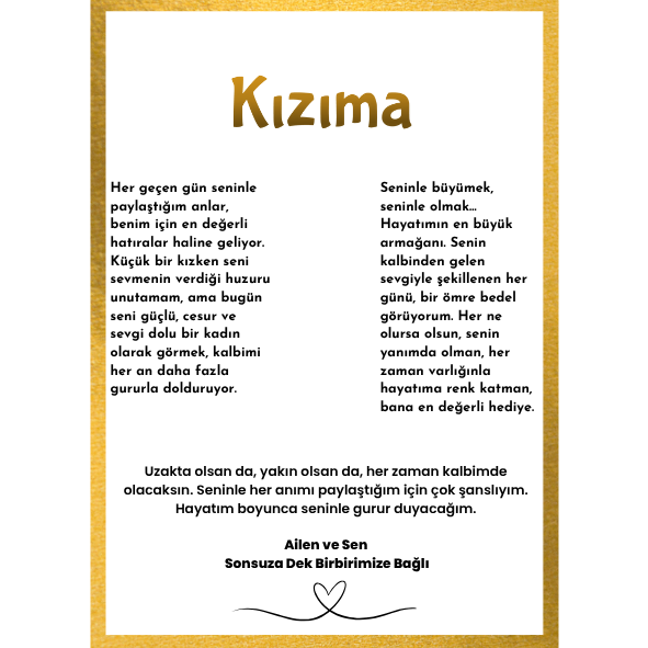 '' Kızıma'' Kalp Kolye Duygusal Not + Hediye Kutusu
