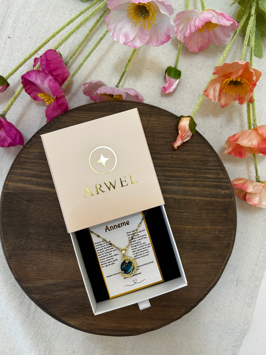 '' Anneme '' Gezegen Taşlı Yıldız Kolye  Duygusal Not + Hediye Kutusu