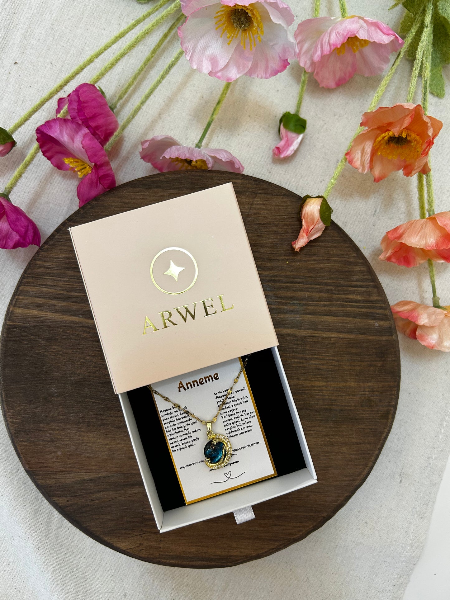 '' Anneme '' Gezegen Taşlı Yıldız Kolye  Duygusal Not + Hediye Kutusu