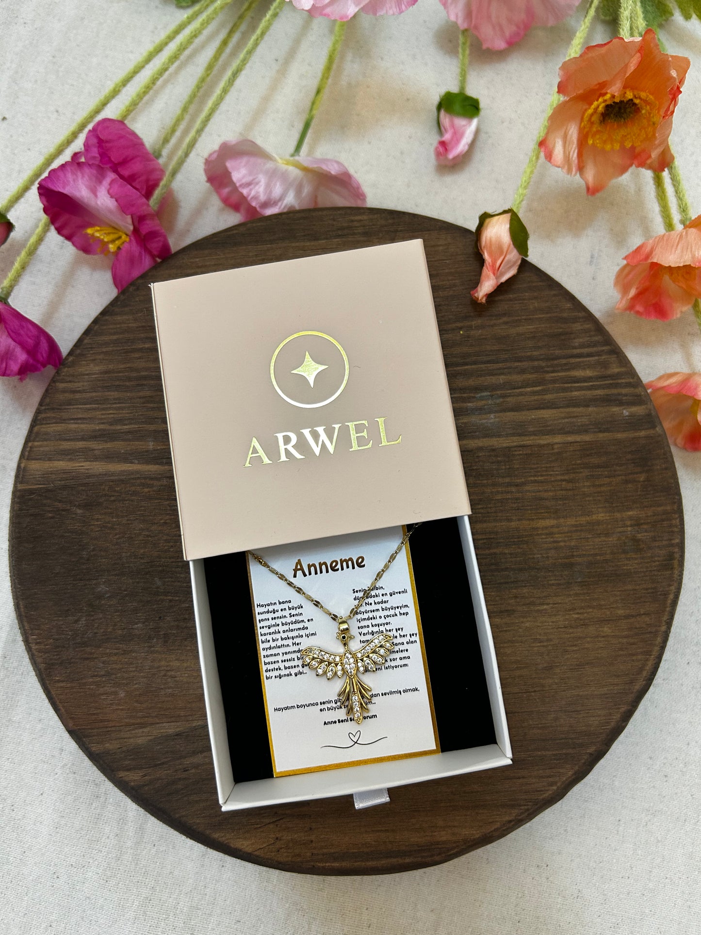 '' Anneme '' Anka Kuşu  Kolye  Duygusal Not + Hediye Kutusu